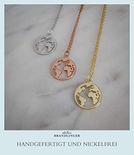 Brandlinger ® Atelier collar de plata de ley dorada colgante mundo para mujeres y niñas. Longitud 40cm + 5cm