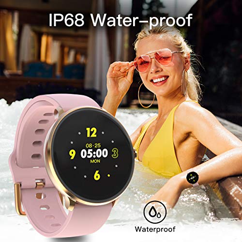BRIBEJAT Smartwatch Presión Arterial/Frecuencia cardíaca/Monitor de sueño IP67 Contador de calorías a Prueba de Agua Mensaje recordatorio Deportes Hombres Mujeres Reloj con 2 Bandas Gratis(Gold)