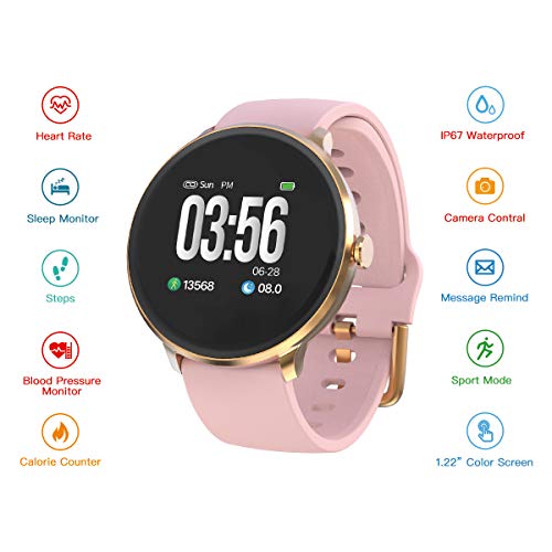 BRIBEJAT Smartwatch Presión Arterial/Frecuencia cardíaca/Monitor de sueño IP67 Contador de calorías a Prueba de Agua Mensaje recordatorio Deportes Hombres Mujeres Reloj con 2 Bandas Gratis(Gold)