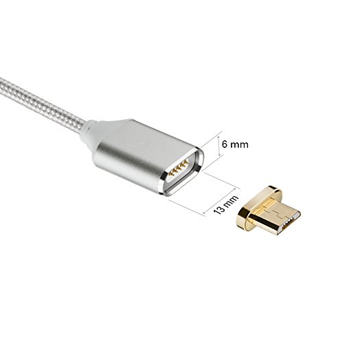 Cable de carga USB de segunda generación de Netdot, trenzado magnético con 1 conector Micro USB para Samsung Galaxy S2, S3, S4, S6; Note 2, 3, 4, 5; Tab S2, S; LG G4, G3; Sony Xperia Z5 Premium o Compact, etcétera (Color plata)