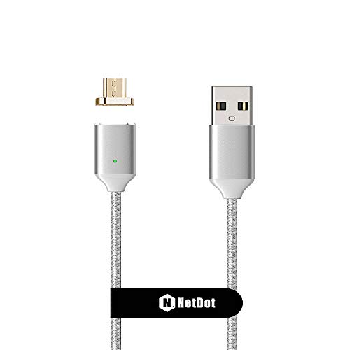 Cable de carga USB de segunda generación de Netdot, trenzado magnético con 1 conector Micro USB para Samsung Galaxy S2, S3, S4, S6; Note 2, 3, 4, 5; Tab S2, S; LG G4, G3; Sony Xperia Z5 Premium o Compact, etcétera (Color plata)