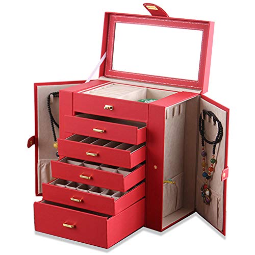 Caja de almacenamiento de joyas de gran capacidad, caja de almacenamiento de joyas de cosméticos multifuncionales europeos caja de almacenamiento de joyas de color rojo
