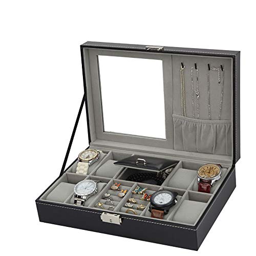 Caja de Joyería de Mujer Negro Joyero 8 pedazos del reloj del caso del organizador de almacenamiento caja del arte de Caja de almacenamiento con cerradura y Espejo Almacenamiento de Maquillaje y Acces