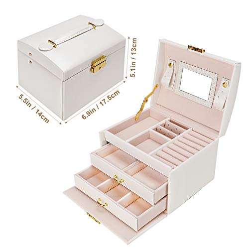 Caja Joyero, Gifort Caja para Joyas con Espejo y Cajones Estuche de Joyas con Cerradura para Pendientes, Collares, Pulseras, Relojes