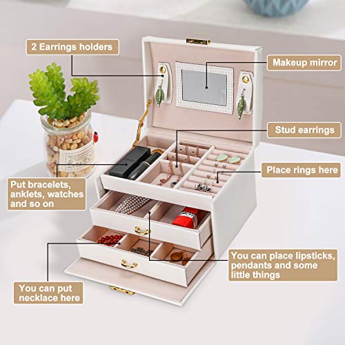 Caja Joyero, Gifort Caja para Joyas con Espejo y Cajones Estuche de Joyas con Cerradura para Pendientes, Collares, Pulseras, Relojes