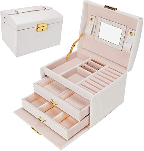 Caja Joyero, Gifort Caja para Joyas con Espejo y Cajones Estuche de Joyas con Cerradura para Pendientes, Collares, Pulseras, Relojes