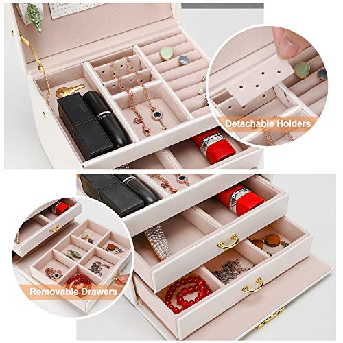 Caja Joyero, Gifort Caja para Joyas con Espejo y Cajones Estuche de Joyas con Cerradura para Pendientes, Collares, Pulseras, Relojes