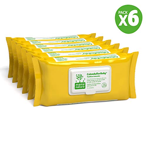 CalenduflorBaby® Toallitas húmedas Bebé Mama Natura®, Biodegradables con Extracto Calendula officinalis. 6 packs x 72 uds (432 unidades) - Aptas para el WC…