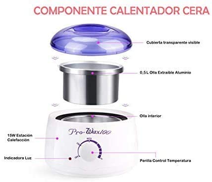 Calentador de Cera de la Aplicación Eléctrica Kit de Eliminación de Cera Caliente Depilatoria Cera 500ml 4 bolsas Granos (Blanco)