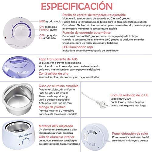 Calentador de Cera de la Aplicación Eléctrica Kit de Eliminación de Cera Caliente Depilatoria Cera 500ml 4 bolsas Granos (Blanco)