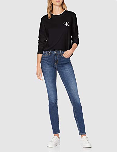 Calvin Klein CK Embroidery Tipping LS tee Camisa, Black, M para Mujer