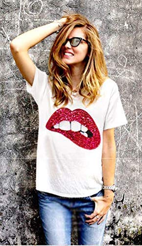 Camiseta Mujer - Boca - Labios - años 80 - Vintage - Manga Corta - Moda - Brillo - mordida - niña - Idea de Regalo - Color Blanco y Rojo - Talla m