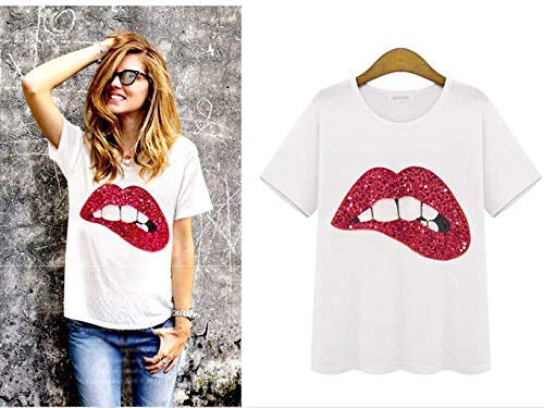 Camiseta Mujer - Boca - Labios - años 80 - Vintage - Manga Corta - Moda - Brillo - mordida - niña - Idea de Regalo - Color Blanco y Rojo - Talla m