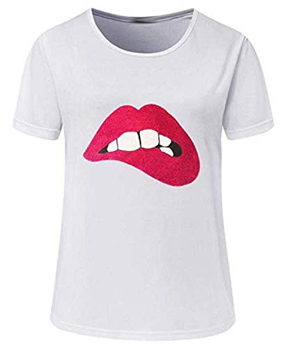 Camiseta Mujer - Boca - Labios - años 80 - Vintage - Manga Corta - Moda - Brillo - mordida - niña - Idea de Regalo - Color Blanco y Rojo - Talla m