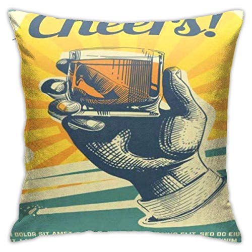 Caonm Fundas de Almohada, 45X45CM Funda de Almohada Whisky Bebida de Mano Vaso Fiesta Retro Vintage Bourbon Hold Licor