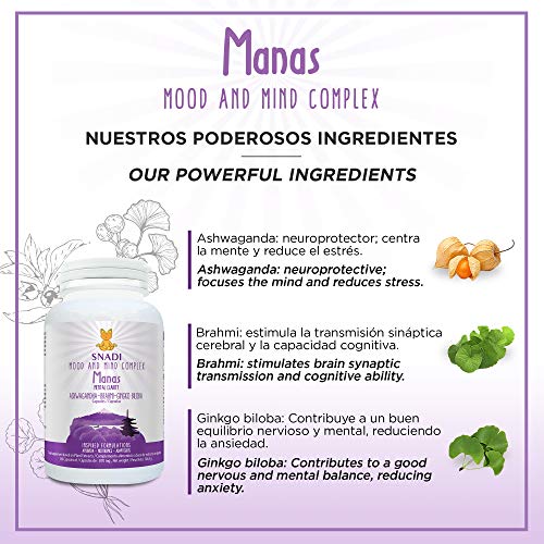 Capsulas vegetales MANAS de Aswhaganda, Brahmi y Ginkgo biloba l 120 capsulas - 600 mg I Sostiene el sistema nervioso, reduce el estrés e Insomnio l Mood and mind complex.