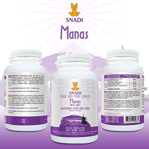 Capsulas vegetales MANAS de Aswhaganda, Brahmi y Ginkgo biloba l 120 capsulas - 600 mg I Sostiene el sistema nervioso, reduce el estrés e Insomnio l Mood and mind complex.