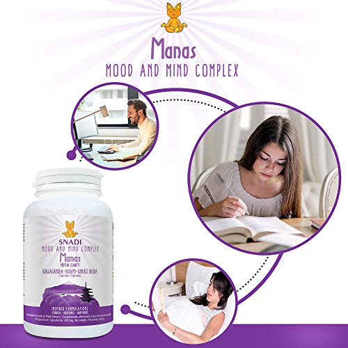 Capsulas vegetales MANAS de Aswhaganda, Brahmi y Ginkgo biloba l 120 capsulas - 600 mg I Sostiene el sistema nervioso, reduce el estrés e Insomnio l Mood and mind complex.