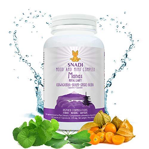 Capsulas vegetales MANAS de Aswhaganda, Brahmi y Ginkgo biloba l 120 capsulas - 600 mg I Sostiene el sistema nervioso, reduce el estrés e Insomnio l Mood and mind complex.