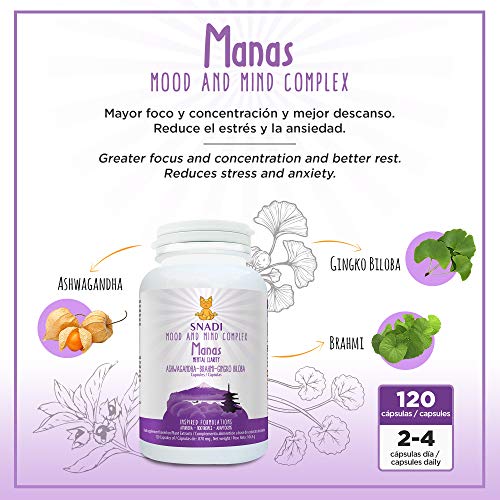 Capsulas vegetales MANAS de Aswhaganda, Brahmi y Ginkgo biloba l 120 capsulas - 600 mg I Sostiene el sistema nervioso, reduce el estrés e Insomnio l Mood and mind complex.