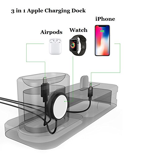 Cargador 3 en 1 para iPhone AirPods Apple Watch Estación de Carga de Silicona, Soporte para el Apple Watch 3/2/1, AirPods, iPhone X/8/8 Plus/7/7 Plus/6s Negro