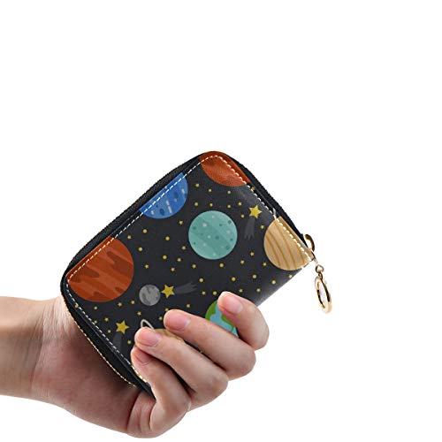Cartera con Ranura para Tarjeta para Mujer Espacio de Dibujos Animados Sistema Solar Brillante Planeta Tarjeta de Regalo Organizador Cartera Organizador de Cuero PU Cremallera Alrededor Tamaño compac