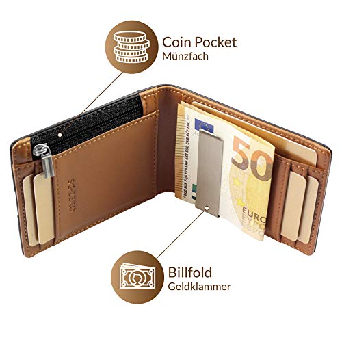 Cartera de Hombre con Pinza para Billetes y Monedero - Billetera pequeña de Piel auténtica con protección RFID, Regalos para Hombres, Negro/marrón