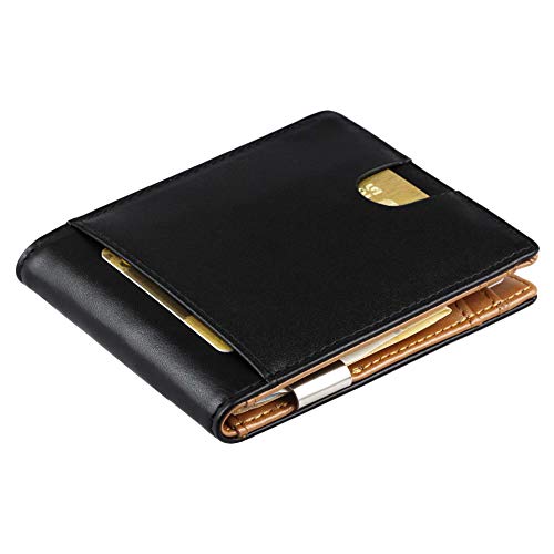 Cartera de Hombre con Pinza para Billetes y Monedero - Billetera pequeña de Piel auténtica con protección RFID, Regalos para Hombres, Negro/marrón
