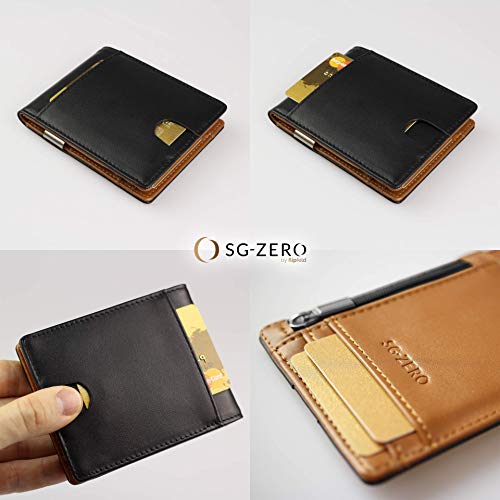 Cartera de Hombre con Pinza para Billetes y Monedero - Billetera pequeña de Piel auténtica con protección RFID, Regalos para Hombres, Negro/marrón