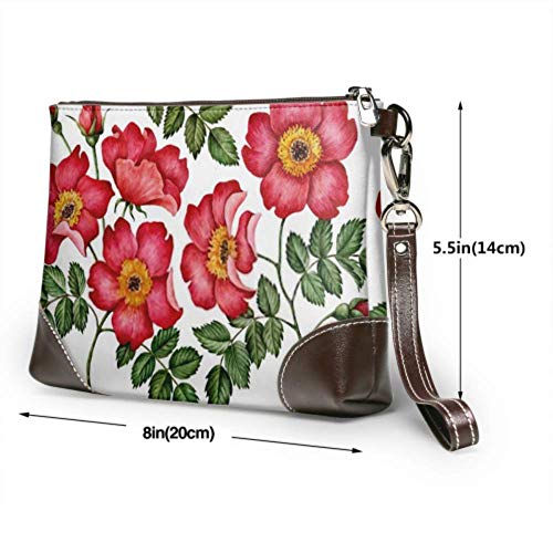 Cartera de mano, conjunto de acuarela, rosa mosqueta, flores, hojas, cartera de cuero, cartera de mano, cartera para mujer, carteras con cremallera para mujer, cartera para teléfono inteligente