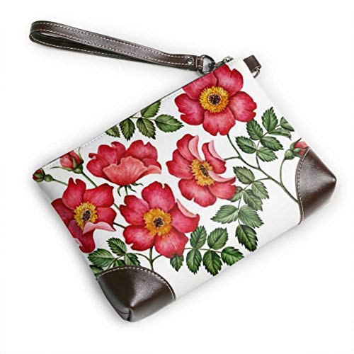 Cartera de mano, conjunto de acuarela, rosa mosqueta, flores, hojas, cartera de cuero, cartera de mano, cartera para mujer, carteras con cremallera para mujer, cartera para teléfono inteligente