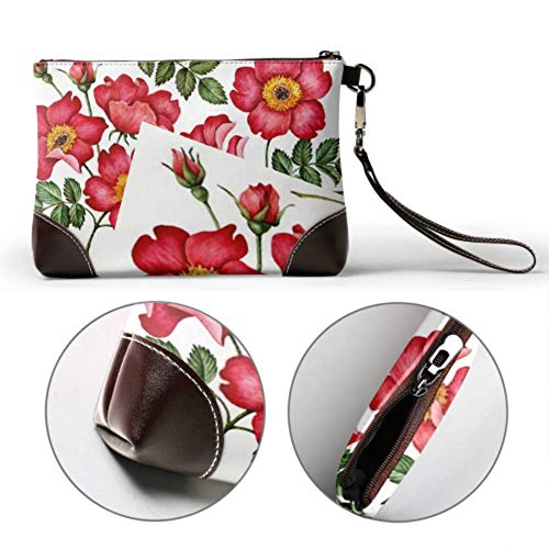 Cartera de mano, conjunto de acuarela, rosa mosqueta, flores, hojas, cartera de cuero, cartera de mano, cartera para mujer, carteras con cremallera para mujer, cartera para teléfono inteligente