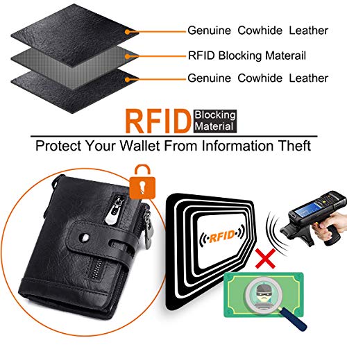 Cartera Hombre Monedero de Cuero con RFID Bloqueo Billetera Piel Hombre y Monedero con Cremallera, Billeteras Bifold Hombres 16 Ranuras para Tarjetas Carteras para Hombre con Cadena (Negro)
