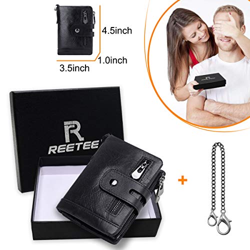 Cartera Hombre Monedero de Cuero con RFID Bloqueo Billetera Piel Hombre y Monedero con Cremallera, Billeteras Bifold Hombres 16 Ranuras para Tarjetas Carteras para Hombre con Cadena (Negro)