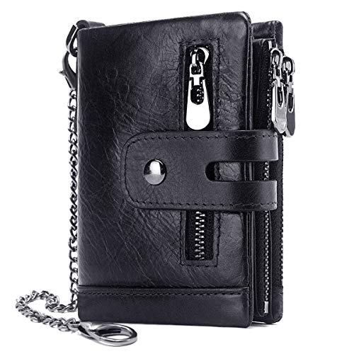 Cartera Hombre Monedero de Cuero con RFID Bloqueo Billetera Piel Hombre y Monedero con Cremallera, Billeteras Bifold Hombres 16 Ranuras para Tarjetas Carteras para Hombre con Cadena (Negro)
