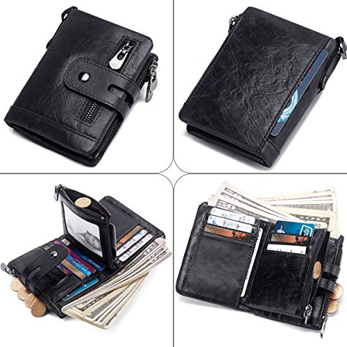 Cartera Hombre Monedero de Cuero con RFID Bloqueo Billetera Piel Hombre y Monedero con Cremallera, Billeteras Bifold Hombres 16 Ranuras para Tarjetas Carteras para Hombre con Cadena (Negro)