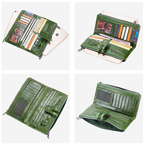 Cartera Mujer, Cuero, Vendimia, Diseño Mano, Posición De Múltiples Tarjetas, Monedero Zip, Bolsillo para Teléfono Celular, 19.5 * 9.5 * 2.5cm (Green)