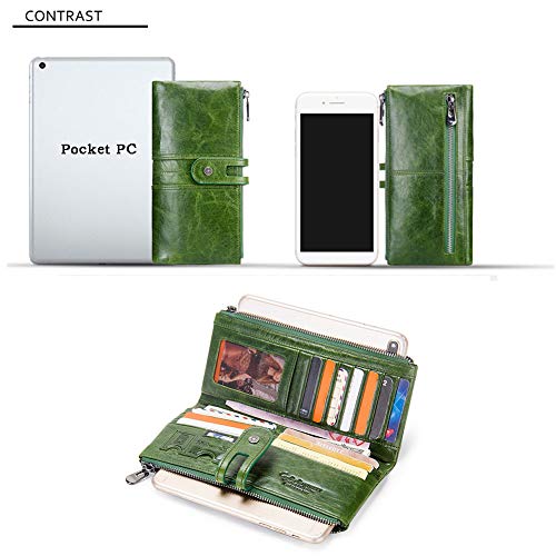 Cartera Mujer, Cuero, Vendimia, Diseño Mano, Posición De Múltiples Tarjetas, Monedero Zip, Bolsillo para Teléfono Celular, 19.5 * 9.5 * 2.5cm (Green)
