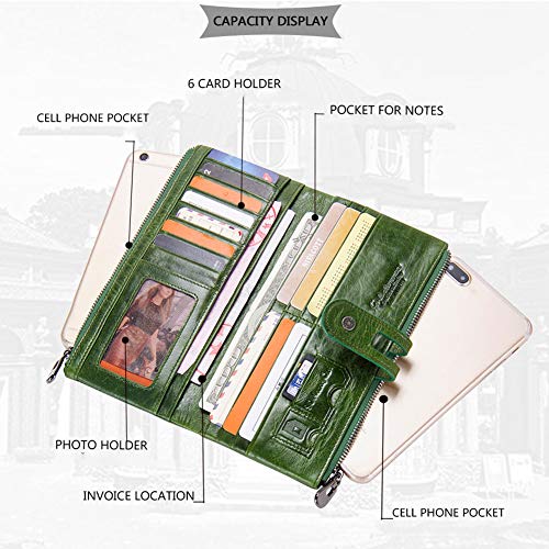 Cartera Mujer, Cuero, Vendimia, Diseño Mano, Posición De Múltiples Tarjetas, Monedero Zip, Bolsillo para Teléfono Celular, 19.5 * 9.5 * 2.5cm (Green)