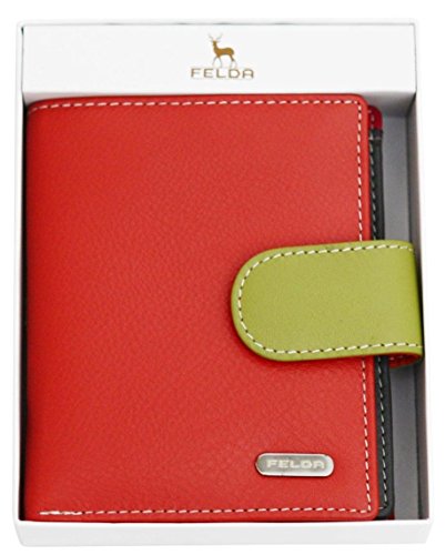 Cartera para Mujer - con Bloqueo de transmisiones RFID y 10 Ranuras para Tarjetas - Cuero auténtico Muy Suave - Naranja y Verde