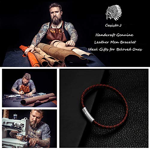 Casisto.J Pulsera cuero hombre - Pulsera trenzada hecha a mano clásica en negro y marrón con cierre magnético grabado Joyas gratis en caja (marrón, 20)