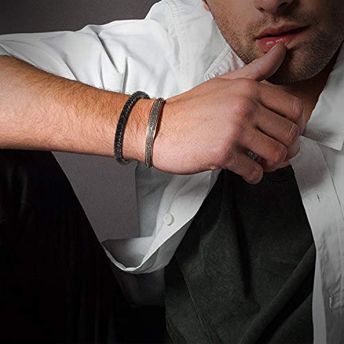 Casisto.J Pulsera Cuero Hombre - Pulsera Trenzada Hecha a Mano clásica en Negro y marrón con Cierre magnético Grabado Joyas Gratis en Caja (marrón&Negro, 20)