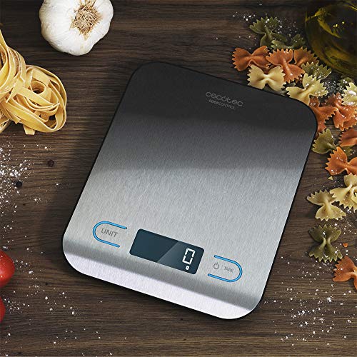 Cecotec Báscula de Cocina Digital Cook Control 8000. Alta precisión, Acero Inoxidable, Diseño Extraplano, Pantalla LCD Retroiluminada, Capacidad Máxima 5 Kg con Precisión de 1 g