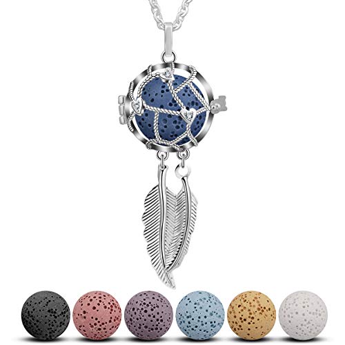CELESTIA Collares de Aromaterapia, Mujeres Collares de Aceite Esencial Difusor, Plateado Colgante de Atrapasueños Medallón con 7 Piedras de Lava, 24" Cadena, Regalos Aroma Amantes, Joyería