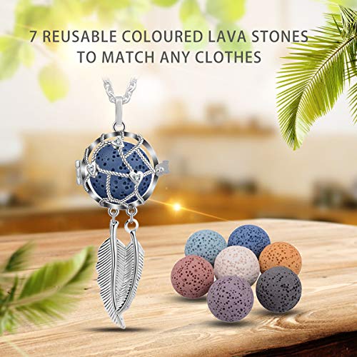CELESTIA Collares de Aromaterapia, Mujeres Collares de Aceite Esencial Difusor, Plateado Colgante de Atrapasueños Medallón con 7 Piedras de Lava, 24" Cadena, Regalos Aroma Amantes, Joyería