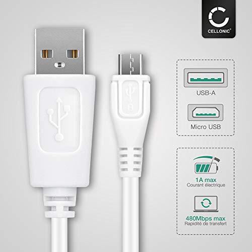 CELLONIC® Cable USB dato (1m 1A) Compatible con LG K11, 10, 8, 4 / V10 / Stylus/Screen/Spirit/Magna/Flex/Watch/X-Power (Micro USB a USB A (Standard USB)) Cable de Carga Blanco