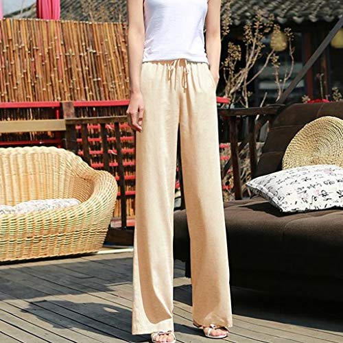 Celucke 2019 - Pantalones de mujer de color puro con cordones y pantalones de pierna ancha con bolsillos fáciles Beige beige M