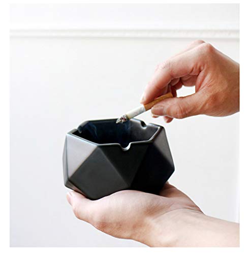 Cenicero de cerámica geométrica con tapa de cenicero de cigarrillos para decoración de mesa de hotel de oficina en el hogar (negro)