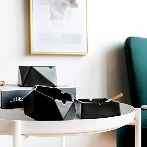 Cenicero de cerámica geométrica con tapa de cenicero de cigarrillos para decoración de mesa de hotel de oficina en el hogar (negro)