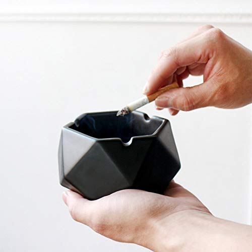 Cenicero de cerámica geométrica con tapa de cenicero de cigarrillos para decoración de mesa de hotel de oficina en el hogar (negro)